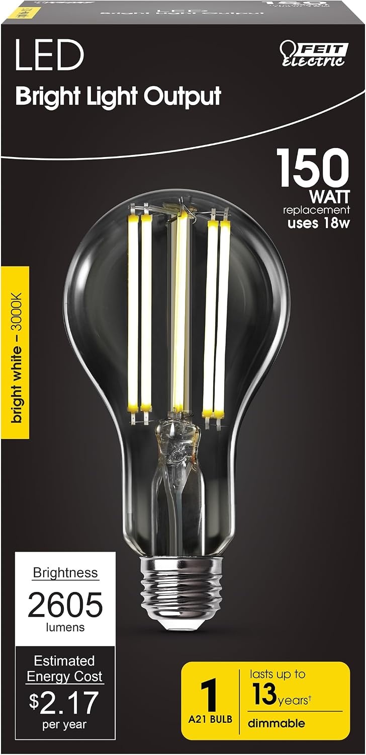 image:imageFeit Electric A21 LED Filament Light Bulb 150W Equivalent 2605 Lumens Bright White 3000K Dimmable E26 Base Clear Glass Decorative Vintage Style 15000Hour Lifetime OM150DMCL830FIL3000k Bright White
