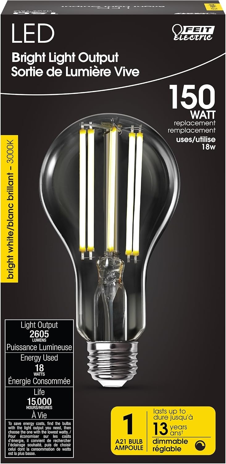 image:imageFeit Electric A21 LED Filament Light Bulb 150W Equivalent 2605 Lumens Bright White 3000K Dimmable E26 Base Clear Glass Decorative Vintage Style 15000Hour Lifetime OM150DMCL830FIL3000k Bright White