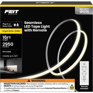 image:imageFeit Electric 16 ft COB LED Tape Light 3000K Remote Dimming Plugin3000K Bright White