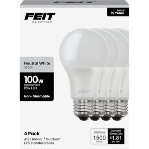 image:imageFeit Electric A19 LED Light Bulbs 100W Equivalent 1500 Lumens Neutral White 3000K 15W 11000Hour Lifespan General Purpose IndoorCommercial Use A160083510KLED4 4 Pack3500k Neutral White
