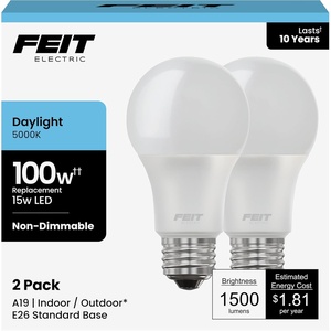 image:imageFeit Electric A19 LED Light Bulbs 100W Equivalent 1500 Lumens Neutral White 3000K 15W 11000Hour Lifespan General Purpose IndoorCommercial Use A160083510KLED4 4 Pack5000k Daylight