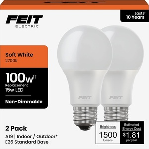 image:imageFeit Electric A19 LED Light Bulbs 100W Equivalent 1500 Lumens Neutral White 3000K 15W 11000Hour Lifespan General Purpose IndoorCommercial Use A160083510KLED4 4 Pack2700k Soft White