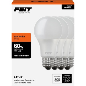 image:imageFeit Electric A19 LED Light Bulbs 60W Equivalent Non Dimmable 800 Lumens E26 Standard Base 5000k Daylight 80 CRI 10 Year Lifetime Energy Efficient 24 Pack A80085010KLEDMP242700k Soft White