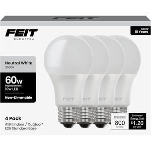 image:imageFeit Electric A19 LED Light Bulbs 60W Equivalent Non Dimmable 800 Lumens E26 Standard Base 5000k Daylight 80 CRI 10 Year Lifetime Energy Efficient 24 Pack A80085010KLEDMP243500k Neutral White