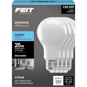 image:imageFeit Electric Enchance A19 LED Light Bulbs 27W 25W Equivalent Neutral White 3500K Dimmable 90 CRI E26 Base 17000Hour Lifetime Residential or Commercial Bulb A1925935CAFIL4GB 4Pack5000k Daylight