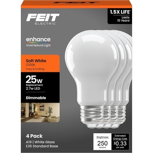 image:imageFeit Electric Enchance A19 LED Light Bulbs 27W 25W Equivalent Neutral White 3500K Dimmable 90 CRI E26 Base 17000Hour Lifetime Residential or Commercial Bulb A1925935CAFIL4GB 4Pack2700k Soft White