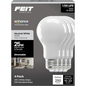 image:imageFeit Electric Enchance A19 LED Light Bulbs 27W 25W Equivalent Neutral White 3500K Dimmable 90 CRI E26 Base 17000Hour Lifetime Residential or Commercial Bulb A1925935CAFIL4GB 4Pack3500k Neutral White