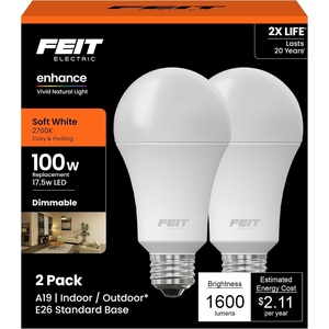 image:imageFeit Electric Enhance A19 LED Light Bulb 100W Eq Soft White 2 Pack2700k Soft White