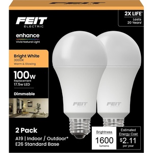 image:imageFeit Electric Enhance A19 LED Light Bulb 100W Eq Soft White 2 Pack3000k Bright White