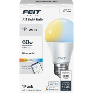 image:imageFeit Electric OM60927CAAG3 60 Watt Equivalent WiFi Dimmable No Hub Required Alexa or Google Assistant A19 LED Smart Light Bulb 42 H x 24 D 2700K Soft White 3 CountTunable White